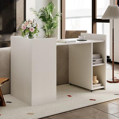 GAOMON Folding Computer Desk with Storage Shelves, Extension Computer Table, Space Saving Table ith Extendable Drop-Leaf for Small Spaces, Home Office, Gaming, Bedroom, White