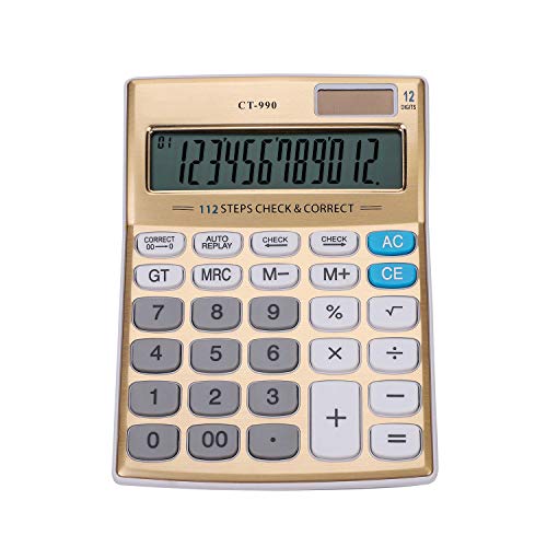 Solar Powered 12 Digit Large LCD Display Standard Function Desktop Calculator, Gold
