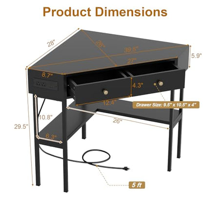 POWERSTONE Corner Desk with Charging Station & 2 Drawers, Space-Saving Makeup Vanity Triangle Computer Desk Workstation with Storage Shelves for Bedroom, Study Black