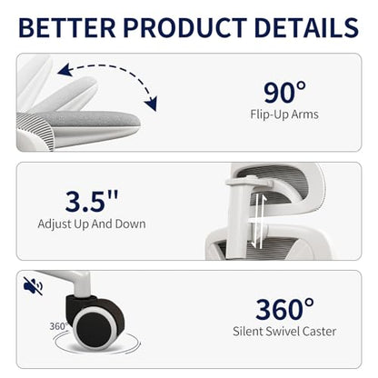 Ergonomic Office Chair - Desk Chair with Adjustable Headrest Lumbar Support Computer Chair - Mesh Comfy Chair with Flip-up Armrests - Gaming Chairs for Adults Home Office (White+Gray) - color: White+gray
