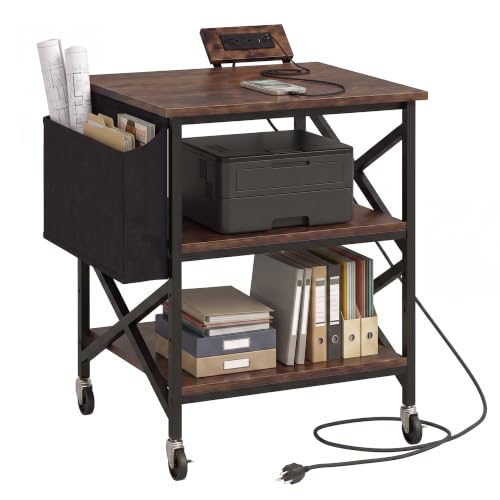 Large Printer Stand with Storage Bag, 23.6'' x 23.6'' with Power Outlet - color: Retro Brown, size: 23.6''x23.6''