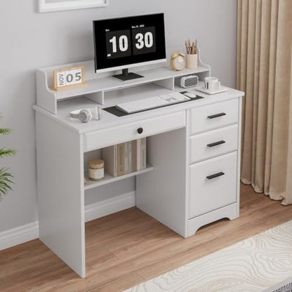 4 EVER WINNER White Desk with Drawers, 44 Inch Small Computer Desk with File Drawer and Monitor Stand, Wood Desk with Storage Shelf for Small Spaces, Living Room, Bedroom, White - color: Pure White