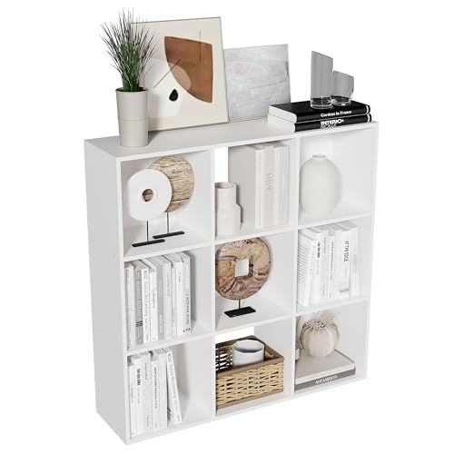 9-Cube Bookshelf, Tall Open Back Storage Shelves, Heavy Duty Wood Cubby Organizer for Small Spaces, Dorm Room Apartment Office, Unit for Book Toy Record Player Display (White, 9-Cube) - size: 9-Cube