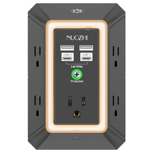 Multi Plug Outlet Surge Protector, NUOZHI 5 Outlets and 4 USB Ports(2 USB-C) and Night Light, 3-Sided Power Strip with Adapter Spaced Outlets for Home, Office, Travel, ETL Listed, Black - color: Black(Night Light), size: 5 Outlets