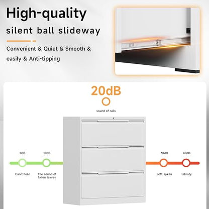 Bestoo 3 Drawer File Cabinet, Metal Lateral Filing Cabinet with Lock - color: White, size: 3 Drawer 15.7"D x 35.4"W x 40"H