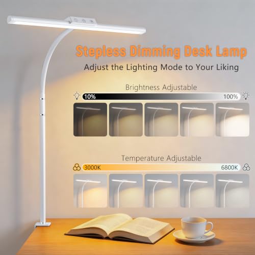 LED Desk Lamp for Home Office, Flexible Gooseneck Desk Lamp with Clamp, 5 Color Touch Control Stepless Dimming Adjustable Eye-Caring Desk Light with Adapter for Reading, Study, Workbench (White) - color: White