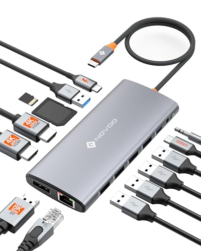 NOVOO USB C 14 in 1 Docking Station Dual Monitor with 4K60 HDMI & 8K30 DP | USB C Hub Adapter, Laptop Docking Station with Thunderbolt 3 to Dual 4K60 HDMI+8K30 DP USB C/A Data 100W PD RJ45 SD/TF - style: 14-in-1