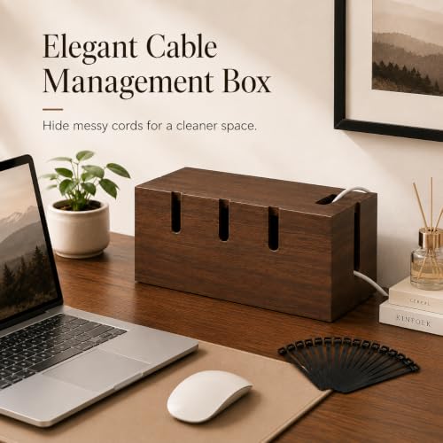 Large Wood Cable Management Box, Wooden Cord Hider Box for Power Strips, Walnut Finish Cable Organizer with 20 Reusable Ties for Desk, Floor & Home Office - color: Dark Brown