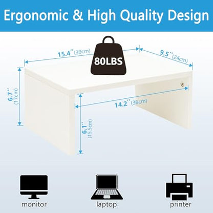TEAMIX White Monitor Stand - 6.7 inch Tall, Wood Riser, Desk Organization | Laptop/Printer/Computer Stand, Extra Storage Underneath, Minimalist, Modern Design, Smooth White Finish, for Home Office
