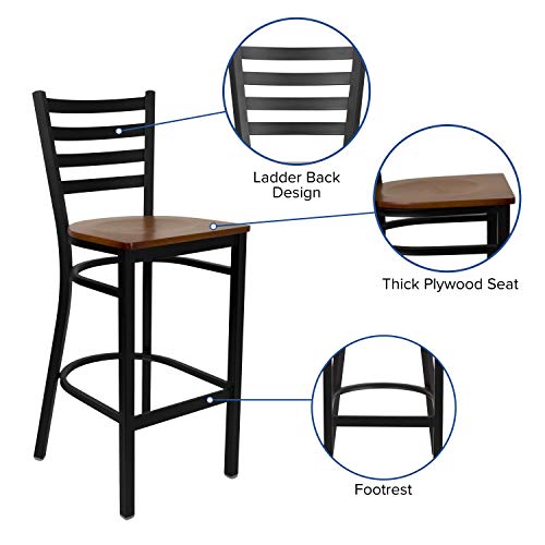 Flash Furniture HERCULES Series Black Ladder Back Metal Restaurant Barstool - Cherry Wood Seat - color: Cherry Wood Seat/Black Metal Frame, size: Set of 1