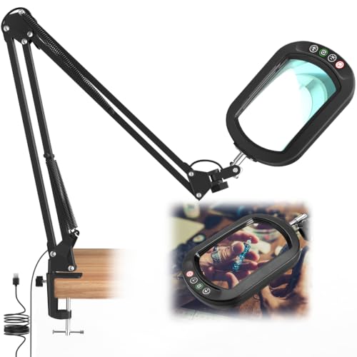 IVMAIE 12X Large Magnifying Glass with Light, Real Glass, 5 Color Modes Stepless Dimmable Magnifier with Stand, LED Lighted Clamp Desk Lamp with Swing Arm, Hands Free for Reading Crafts Close Work - color: Black, size: 12-29inch