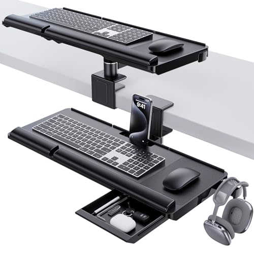 Klearlook Upgraded Adjustable Keyboard Tray for Above Desk & Under Desk Use | 24.4"×10" Platform with 360° Rotation & 180° Tilt, Wrist Rest & Storage Drawer, Phone Slot & Headphone Hanger & Mouse Pad