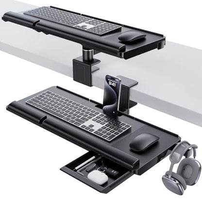 Klearlook Upgraded Adjustable Keyboard Tray for Above Desk & Under Desk Use | 24.4"×10" Platform with 360° Rotation & 180° Tilt, Wrist Rest & Storage Drawer, Phone Slot & Headphone Hanger & Mouse Pad