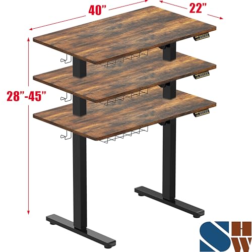 SHW 40 x 22 Inches Electric Height Adjustable Stand Desk, Rustic Brown | with Hanging Hooks and Cable Management, Black Frame and Rustic Brown Top - color: Rustic Brown, size: 40-Inch