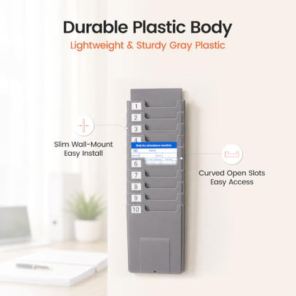 10-Slot Time Card Holder, Wall-Mounted, Retractable and Expandable Plastic Punch Card Rack, Compatible with Time Clock and Attendance Machine for Office