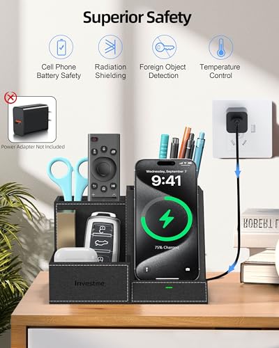Wireless Charger with Desk Organizer, 3 Compartments and 1 Phone Stand - color: Black