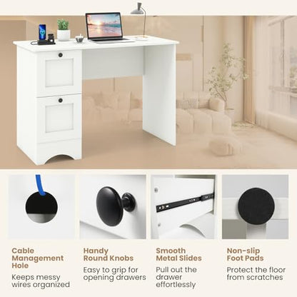 Tangkula White Desk with Drawers & Charging Station, Wooden Home Office Desk PC Laptop Notebook Desk, Compact Study Desk Writing Desk, Computer Workstation Ideal for Home & Office - color: White