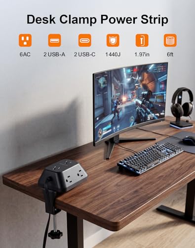 Desk Clamp Power Strip, 6 AC, 2 USB-C & 2 USB-A, 1440J, 6FT Cord - size: 6FT-Black