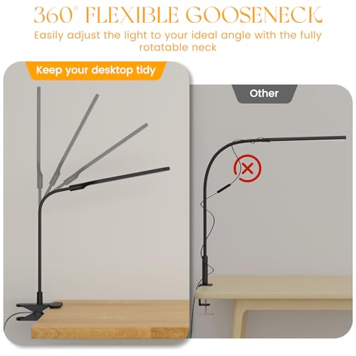 LED Clip on Light, 3 Color Modes & 10 Brightness Levels, 360° Flexible Gooseneck Clamp Lamp, Ultra Wide Brightness Range, USB Eye-Caring Table Light for Home Office/Reading/Painting, Black - style: Desk Lamp