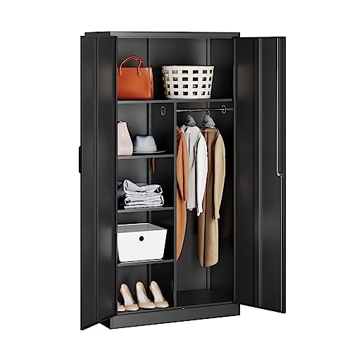 Metal Wardrobe Cabinet with Lock,72" Armoire Closet with Hanging Rod,Lockable Storage Locker,Black Storage Cabinet with Locking Doors,Garage Closet,Steel Wardrobe for Home,Bedroom,Office,Employee,Shop - color: Black, size: 72"H -Wardrobe