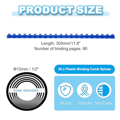 PATIKIL 12mm (1/2") Plastic Binding Combs, 50 Pcs 21 Rings Comb Binding Spines 90 Sheet Capacity Letter Size for Binding Paper Sheets, Blue - color: Blue, size: 12mm