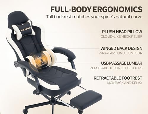 Office Desk Computer Gaming Chair for Adults, Ergonomic High Back Gamer Chair with Massage and Pocket Spring Cushion, Swivel Comfy Video Game Chairs with Footrest and Lumbar Support (Black White) - color: Base White Leather