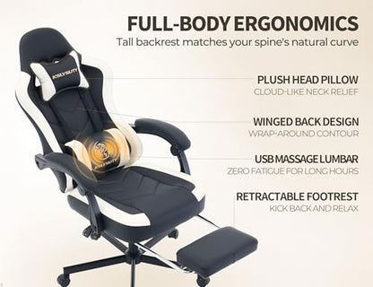 Office Desk Computer Gaming Chair for Adults, Ergonomic High Back Gamer Chair with Massage and Pocket Spring Cushion, Swivel Comfy Video Game Chairs with Footrest and Lumbar Support (Black White) - color: Base White Leather