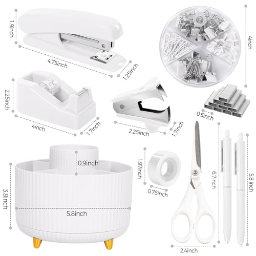 SKYDUE White Office Supplies Set, Office Desk Accessories 10PCS, Pencil Holder for Desk, Stapler, Tape Dispenser, Scissors, Ruler, Binder/Paper Clips and 1000pcs Staples,Desk Supplies Set - color: White