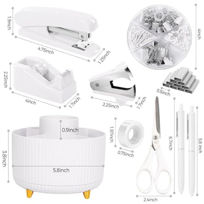 SKYDUE White Office Supplies Set, Office Desk Accessories 10PCS, Pencil Holder for Desk, Stapler, Tape Dispenser, Scissors, Ruler, Binder/Paper Clips and 1000pcs Staples,Desk Supplies Set - color: White