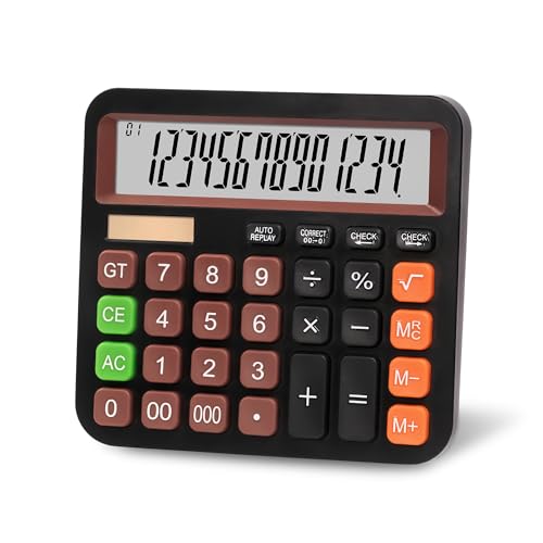Standard Desktop Calculator, Dual Power (Solar & AA Battery), 14-Digit Large Display, Multifunctional Office Calculator (Black)