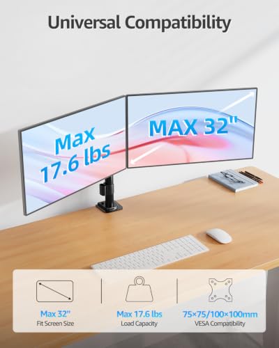 MOUNTUP Dual Monitor Desk Mount, Max 32 Inch up to 17.6lbs, Fully Adjustable Dual Monitor Arm for 2 LCD Screens, Double Monitor Stand with C-Clamp and Grommet Base