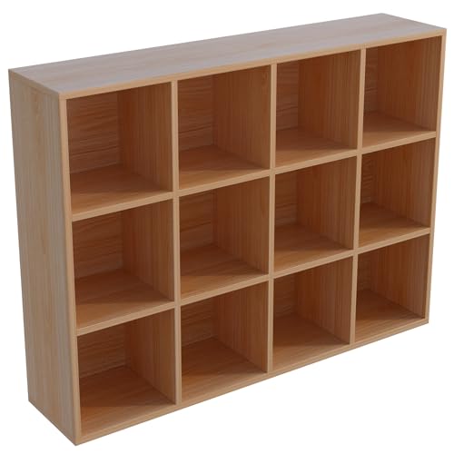 12-Cube Storage Shelf Bookcase, Oak | Wooden 3-Tier Open Bookshelf, Fits 11×11" Bins, Vertical or Horizontal Use, Full Back Panels, For Home Office - color: Oak, size: 12-Cube