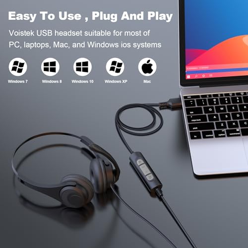 Voistek USB Headset with Noise Cancelling Mic,Wired Headphones for pc - color: Black