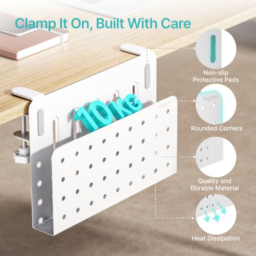 PEGZONE Desk Side Storage Organizer, Fits Flat Edge 0.4" to 2.2", White | No Drill Under Desk Laptop Holder, Clamp on Desks Shelf with Pegboard Accessories, Hanging Laptop Mount - color: White