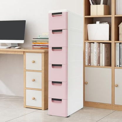6 Drawers Narrow Storage Cabinet, Slim Rolling Cabinet with Wheels 77.16lbs Loading Capacity, Mobile Utility Cart with Drawers for Small Spaces Living Room Bedroom Office 15.7x7.9x39.4in (Light Pink) - color: Light Pink