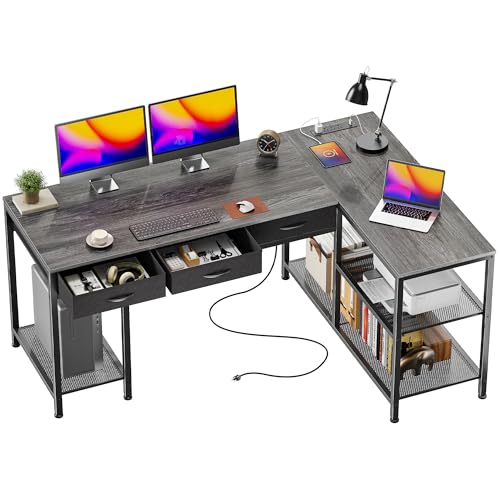 PRAISUN 55 Inch L Shaped Office Desk with Power Outlets and Type-C Port - color: Grey, size: 55.1inch