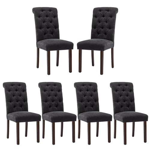 COLAMY Button Tufted Dining Chairs Set of 6, Parsons Upholstered Fabric Dining Room Chairs Kitchen Chairs with Wood Legs and Padded Seat, Black - color: Black, size: set of 6
