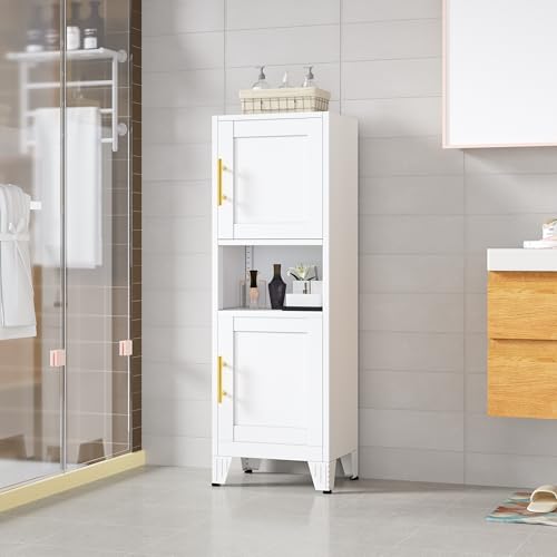 Metal Tall Narrow Bathroom Storage Cabinet, Freestanding Floor Cabinet with 2 Doors and Adjustable Shelves, Pantry Storage Cabinets for Bathroom, Living Room, Entryway and Kitchen (White) - color: White, size: 47.2H