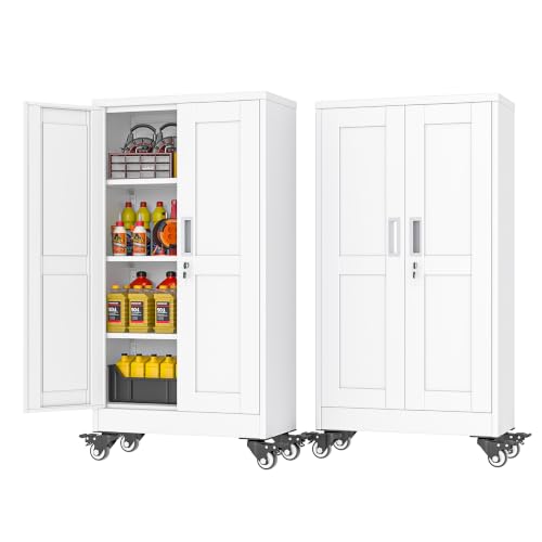 PAOFIN Metal Garage Storage Cabinet with Wheels,Steel File Cabinets with 2 Doors and 3 Adjustable Shelves for Home Office, Warehouse, Required Assembly,White - color: White, size: 45.6"