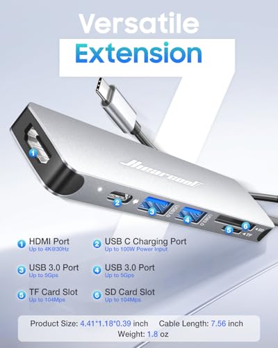 Hiearcool USB C Hub Multi-Port Adapter, 7-in-1 USB-C Dongle with 4K HDMI 100W PD SD/TF Card Reader, USBC Dock Compatible for MacBook Pro/Air Dell XPS Lenovo HP and Other Windows Laptops-Sliver White - color: 7in1-Sliver White