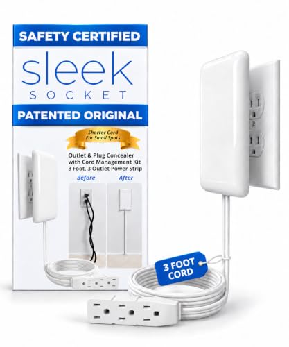 Sleek Socket Original & Patented Flat Ultra-Thin Outlet Concealer with Extension Cord Kit, Multi Outlets Power Strip, Ideal for Home Improvement, Hide Bulky and Messy Cords, 3ft - size: 3 ft - Single Cord, style: Standard Outlet