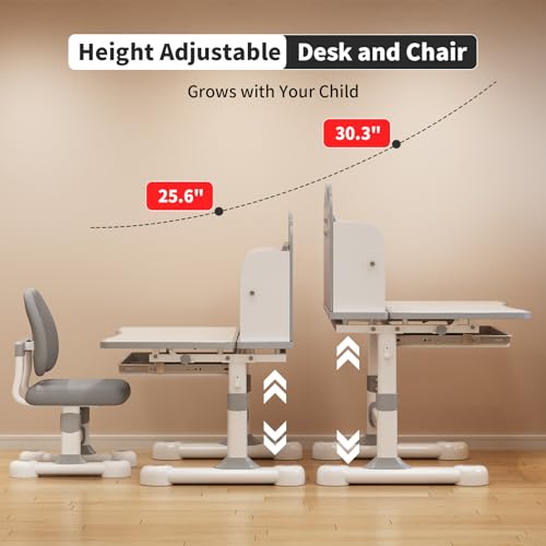 Kids Study Desk and Chair Set 3-12, Adjustable Children School Desk-10GREY | Height Adjustable | 50° Tilt Desktop | Book Stand & Metal Hook & Storage Drawer | Writing Drawing Table for Boys and Girls - color: 100-grey-27.5in