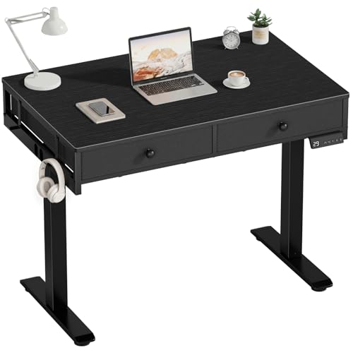 KLUVIS Black Adjustable Desk with Storage, 39 Inch Small Black Desk with Drawers, Small Space Stand Up Computer Desks for Home Office Bedroom, Sit Stand Work Desks for Walking Pad - color: Black, size: 39.4''
