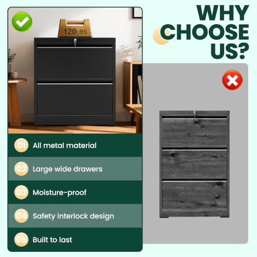2 Drawer Lateral File Cabinet with Lock, File Cabinet for Home Office,Black | Heavy-Duty Steel Locking File Cabinet, Hanging Letter/Legal/A4 Size, Full-Extension Silent Drawer, Un-Assembly - color: Black, size: 2 Drawers