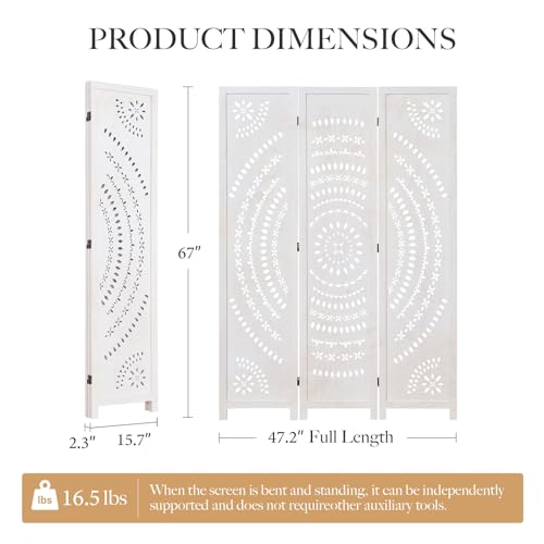 66.9Inch Folding Room Divider, 3 Panels Wood Carved Privacy Screens, Free Assembled Freestanding Partition for Home Office Restaurant Bedroom (White-Washed) - color: White-washed, size: 3 Panels