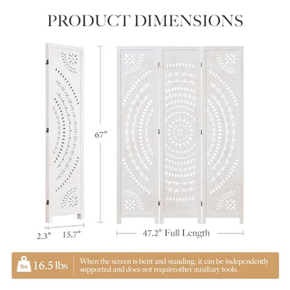 66.9Inch Folding Room Divider, 3 Panels Wood Carved Privacy Screens, Free Assembled Freestanding Partition for Home Office Restaurant Bedroom (White-Washed) - color: White-washed, size: 3 Panels