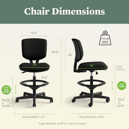 HON Volt Ergonomic Office Stool, Armless, Office Desk Computer Chair, Black - color: Leather Back - Stool