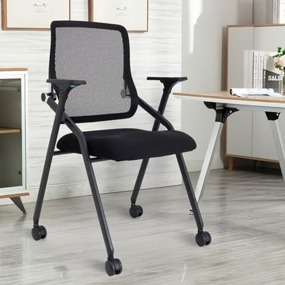 Updated Conference Room Chairs, Folding Office Desk Chair with Lumbar Support and Sliding Armrest with Casters, Stackable Office Guest Chairs & Reception Chairs, 1 Pack Black - color: Black, size: 1 Pack
