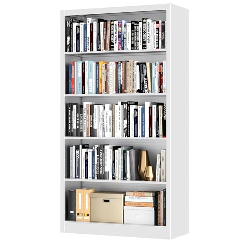 White 5-Tier 14" Deep Metal Bookshelf 66" Tall, Sturdy for Home Office | Adjustable Bookcase, Holds 160 Books, Long-Lasting, Anti-Tip Design, Easy Assembly, Fits Bedroom, Living Room, School - color: White, size: 66"Hx33"Wx14"D