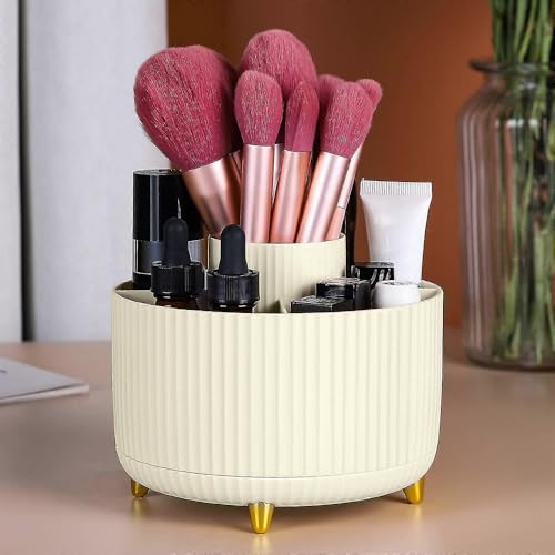 WILL OAK Makeup Brush Organiser - Large Compartment Cosmetic Organizer -Eyeliner, Nail Polish, Art Supply, Bathroom Vanity Desktop Organizer (Cream) - color: Cream